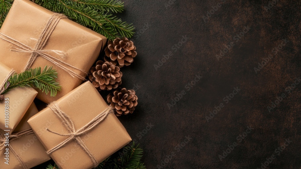 Several neatly wrapped gifts in brown paper sit among pine branches and pinecones, creating a cozy and festive atmosphere perfect for winter celebrations and holiday gatherings Several neatly wrapped gifts in brown paper sit among pine branches and pinecones, creating a cozy and festive atmosphere perfect for winter celebrations and holiday gatherings