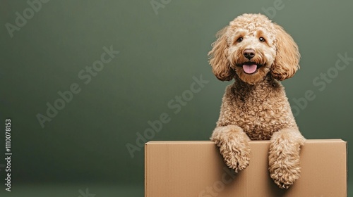 Friendly Goldendoodle Dog Sitting on a Cardboard Box with a Happy Expression Against a Green Background
