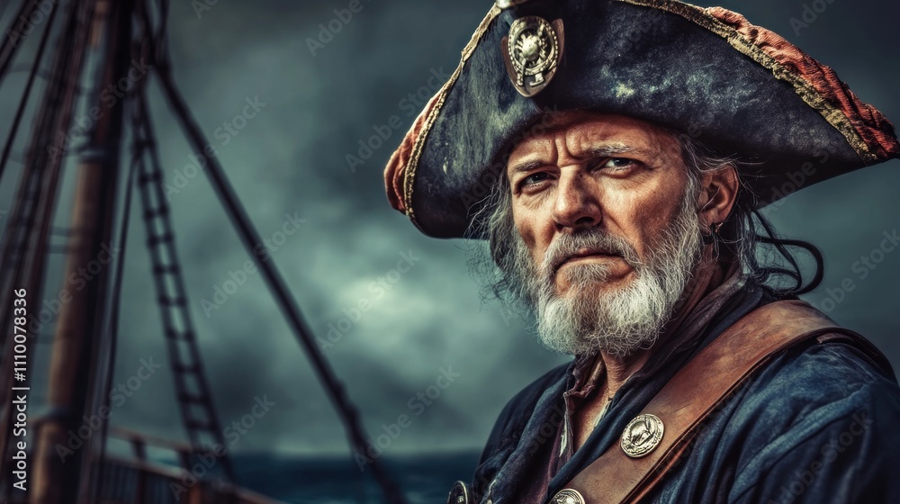 elderly pirate captain stands on the deck of his ship, facing the viewer with an intense expression. sky is dark and stormy, enhancing the dramatic atmosphere of the scene elderly pirate captain stands on the deck of his ship, facing the viewer with an intense expression. sky is dark and stormy, enhancing the dramatic atmosphere of the scene