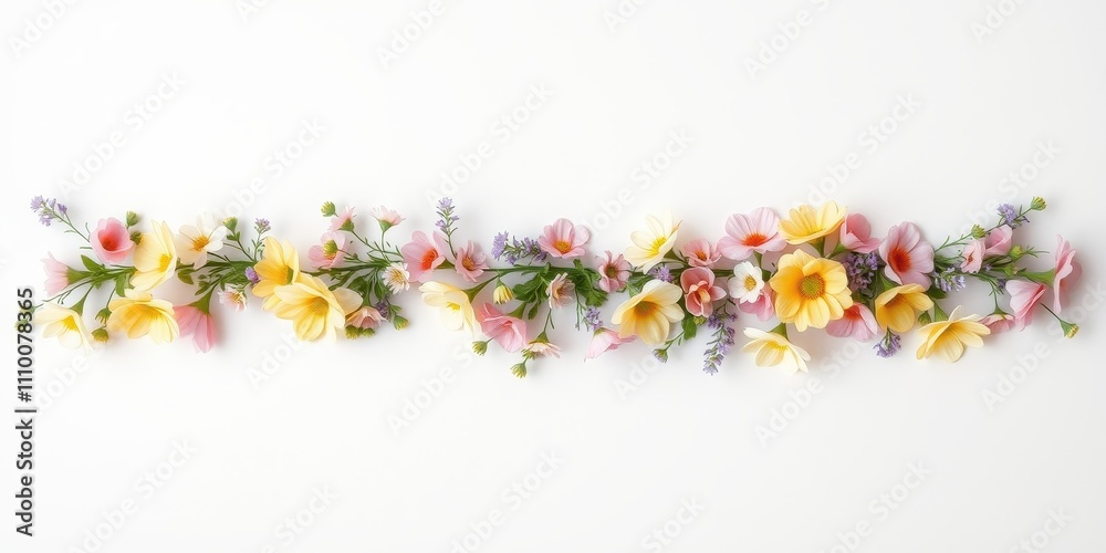 A Delicate Arrangement of Pastel Flowers in a Horizontal Row on a Pure White Background A Delicate Arrangement of Pastel Flowers in a Horizontal Row on a Pure White Background