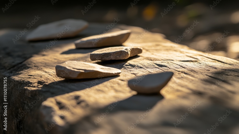 Close-up of ancient stone tools, sharp flint knives, and polished axes on a weathered wooden surface, symbolizing prehistoric craftsmanship and the dawn of human ingenuity. Close-up of ancient stone tools, sharp flint knives, and polished axes on a weathered wooden surface, symbolizing prehistoric craftsmanship and the dawn of human ingenuity.