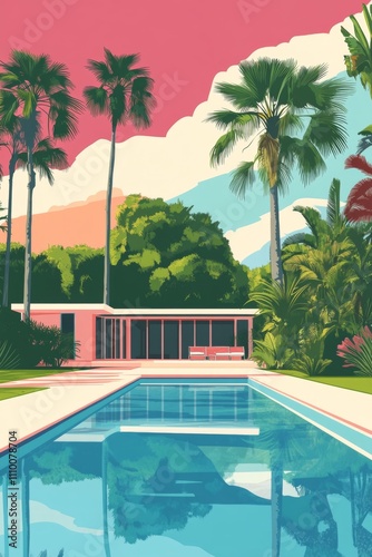 Mid century house with swimming pool surrounded by trees and palms in vibrant pop art style