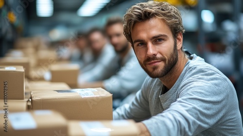 young man is focused on packing boxes in a busy warehouse. He sits at a long table surrounded by colleagues, all diligently preparing orders for shipping during daytime