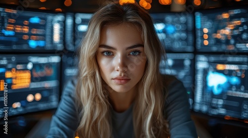 young woman with long hair sits attentively in front of multiple screens filled with data and graphics. ambient lighting creates a tech-driven atmosphere as she analyzes information