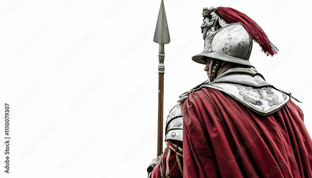 Obraz premium A Roman soldier in armor, holding a spear, dressed in a red cloak, facing away.