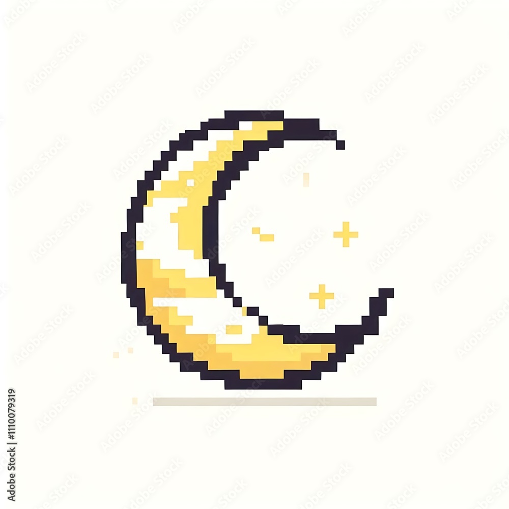 Fototapeta premium Pixel art crescent moon with sparkles.