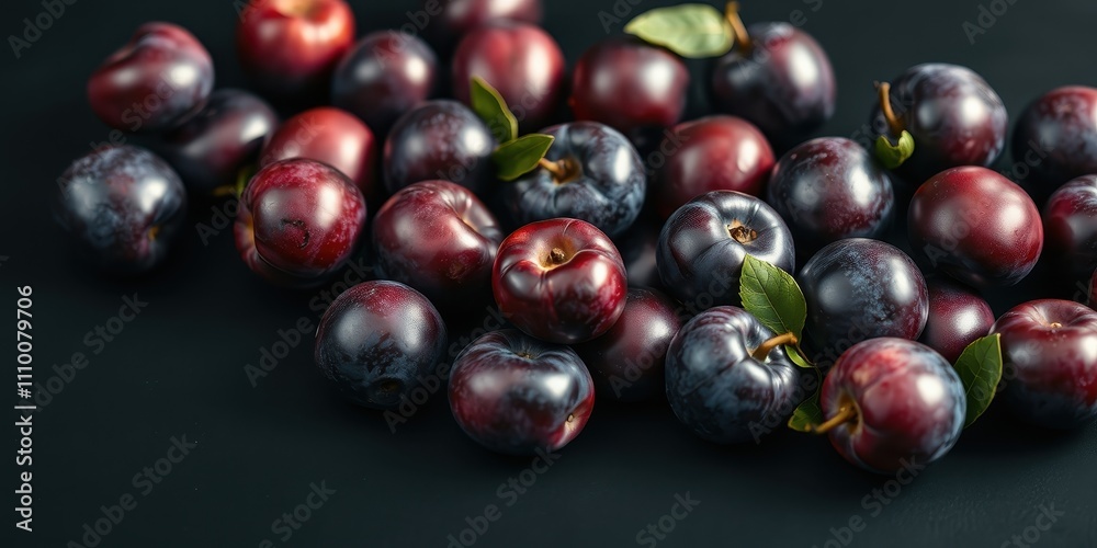 A scattering of vibrant red plums and deep blue plums on a black background, showcasing the rich colors and textures of these fruits. A scattering of vibrant red plums and deep blue plums on a black background, showcasing the rich colors and textures of these fruits.