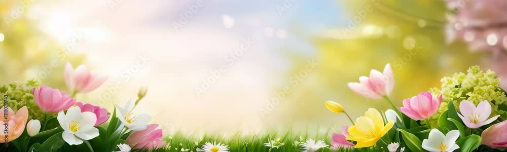 Beautiful spring flowers blooming in nature banner. Copy space wide background