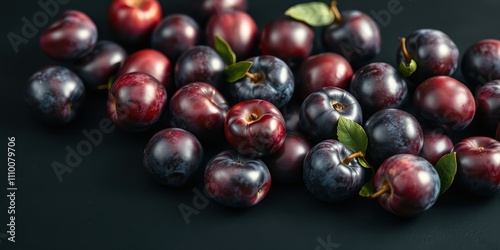 A scattering of vibrant red plums and deep blue plums on a black background, showcasing the rich colors and textures of these fruits.