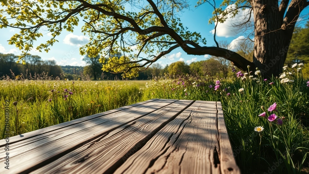 A Rustic Wooden Table Set Against a Scenic Meadow with Lush Greenery and Delicate Wildflowers Under a Tree Canopy