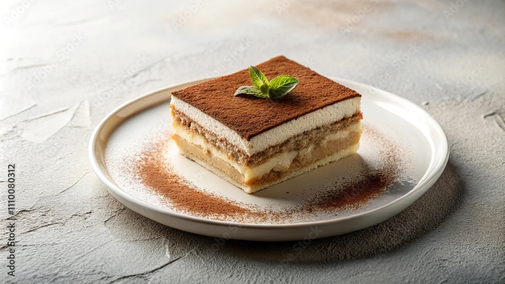 A delectable square of creamy dessert, layered with cocoa and garnished with a sprig of mint, rests on a pristine white plate. A delectable square of creamy dessert, layered with cocoa and garnished with a sprig of mint, rests on a pristine white plate.