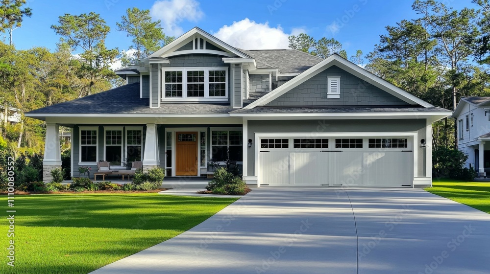 Beautiful two-story house large front yard has gray new home exterior Beautiful two-story house large front yard has gray new home exterior