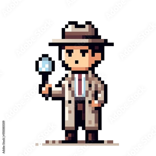 Pixel art detective holding a magnifying glass.