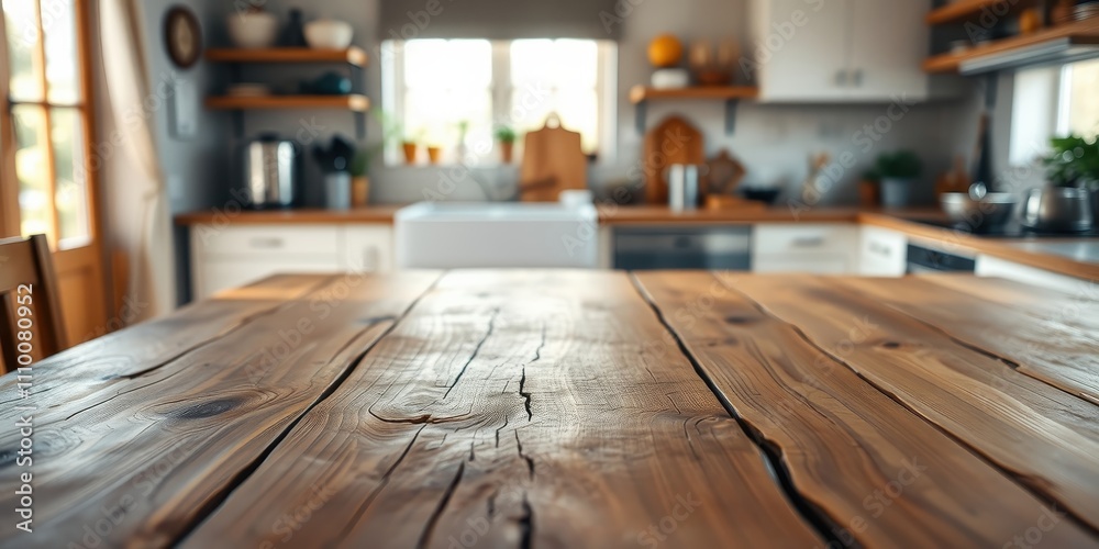 A rustic wooden table with a blurred kitchen background, perfect for showcasing food, drinks, or other products. A rustic wooden table with a blurred kitchen background, perfect for showcasing food, drinks, or other products.
