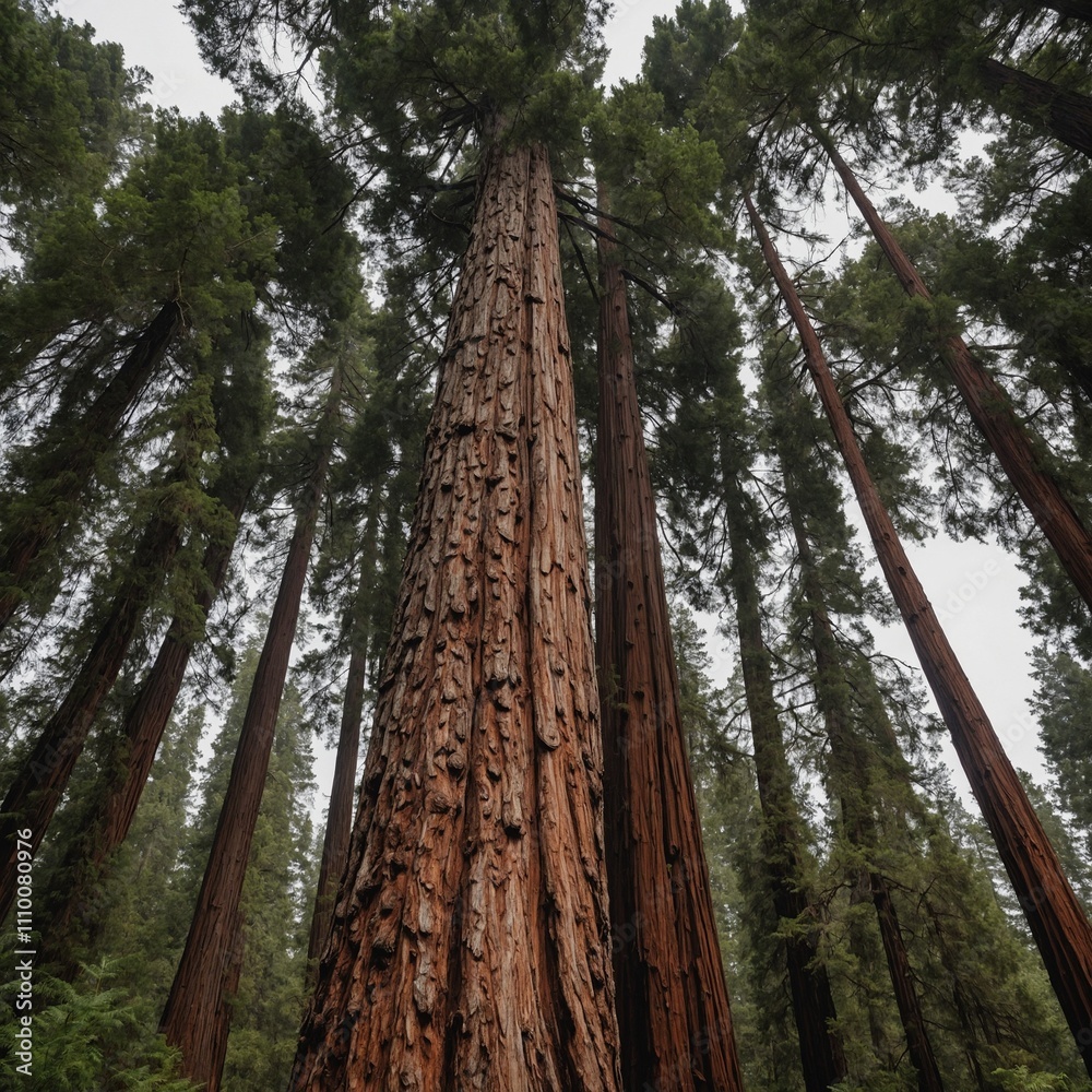 Fototapeta premium A redwood tree with towering height and detailed bark texture, isolated on a white background.