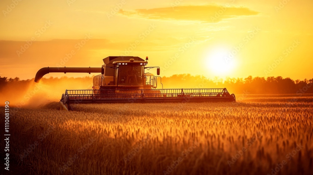 Naklejka premium Combine harvester middle field sunset sky is orange red soybean
