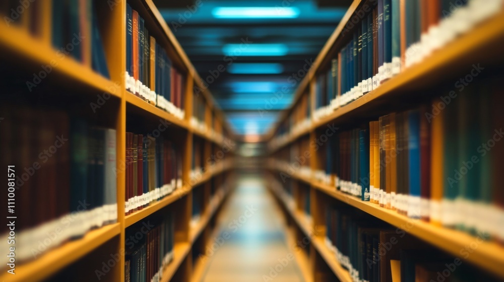Long row bookshelves library books are arranged neat Blurred public interior Long row bookshelves library books are arranged neat Blurred public interior