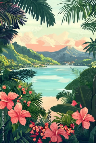 Handmade vector illustration of tropical romantic landscapes with jungles, flowers, and sea