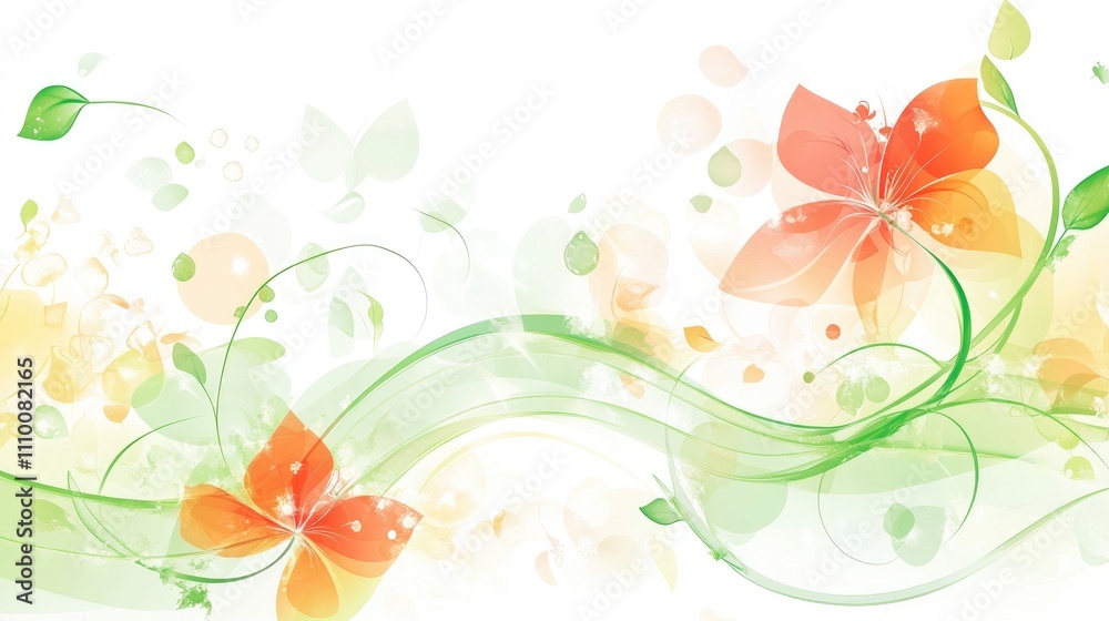 Abstract floral design with green wave and orange flowers. Abstract floral design with green wave and orange flowers.