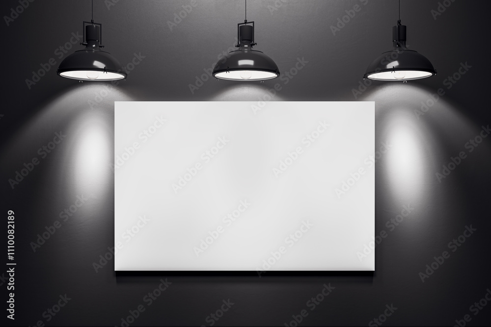 Blank white canvas on black wall with modern hanging spotlights. 3D Rendering Blank white canvas on black wall with modern hanging spotlights. 3D Rendering