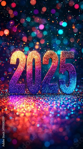 a vibrant, celebratory New Year's 2025 scene with large, glittery 3D numbers '2025' in the center.  The background is dark with a bokeh effect