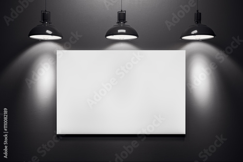 Fototapeta Naklejka Na Ścianę i Meble -  Blank white canvas on black wall with modern hanging spotlights. 3D Rendering