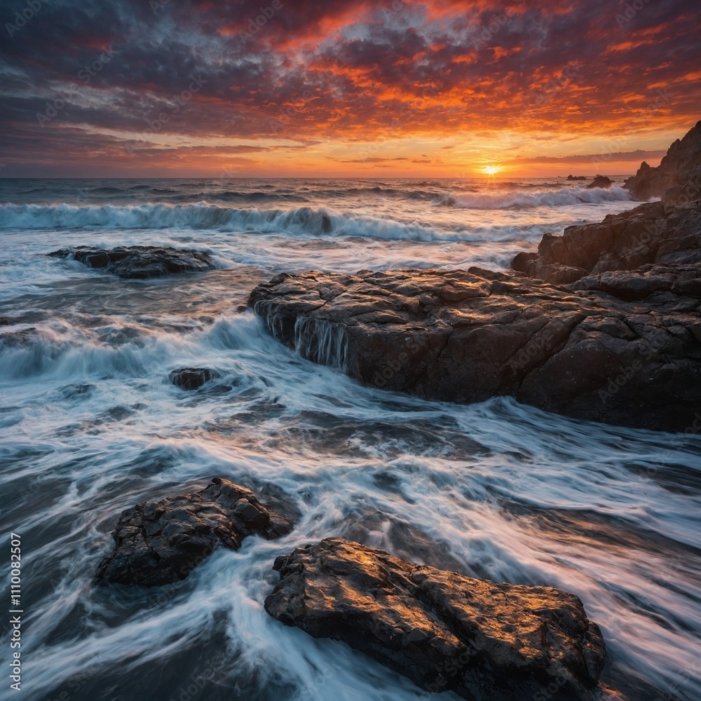 Obraz premium Rocky Seashore: Waves breaking over jagged rocks under a vivid sunset sky.