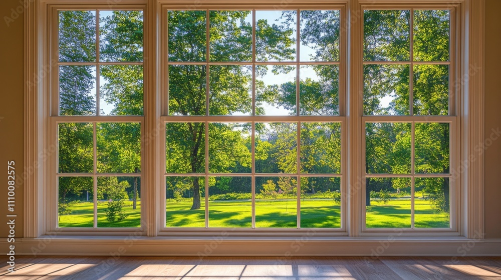 Fototapeta premium Window room view trees greenery outside is made New Plastic frames