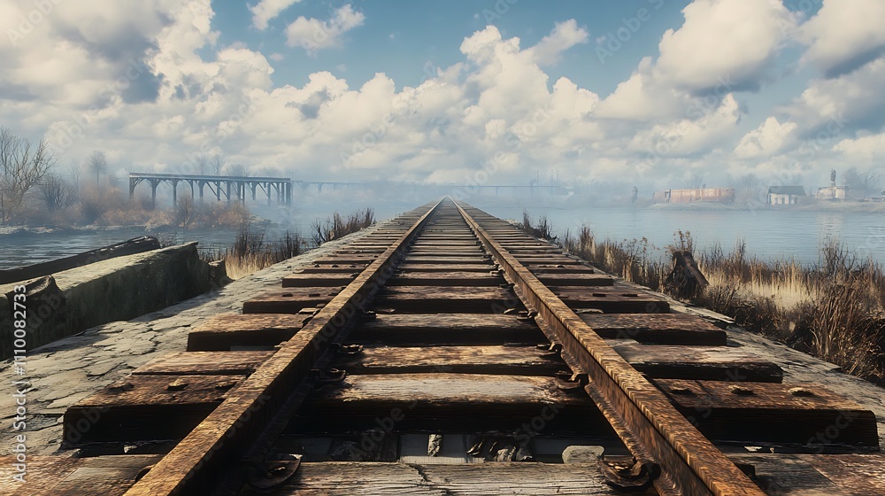 Obraz premium Rusty railroad tracks stretching to a distant, hazy horizon over water.