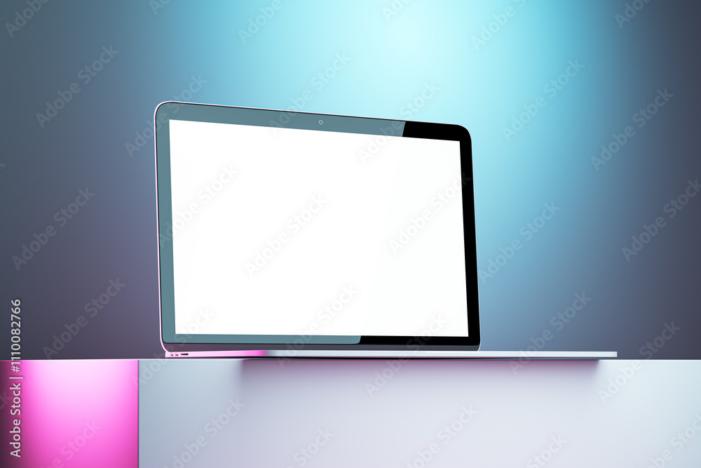 Modern laptop with blank screen on a minimalistic stand and gradient background under spotlight. 3D Rendering Modern laptop with blank screen on a minimalistic stand and gradient background under spotlight. 3D Rendering