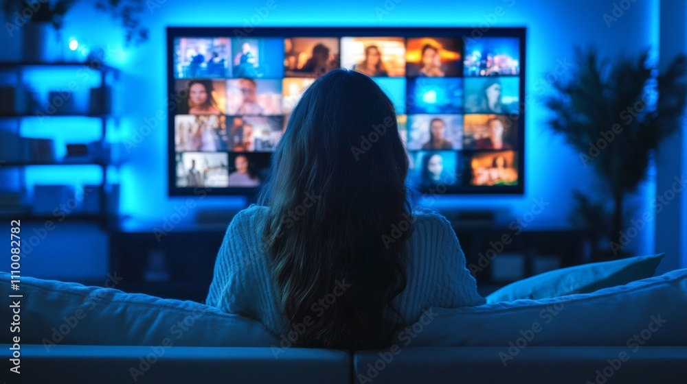 Young woman sitting couch front large TV screen A uses her Young woman sitting couch front large TV screen A uses her
