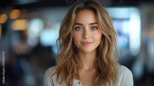 young woman with long, wavy hair and bright blue eyes smiles warmly in modern setting, exuding confidence and approachability