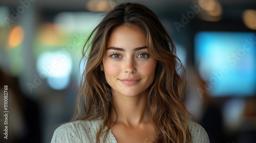 young woman with long, wavy hair smiles warmly in modern setting, showcasing natural beauty and confidence