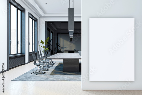 Modern conference room interior with large table, chairs, and blank vertical poster on wall near windows overlooking city view. 3D Rendering