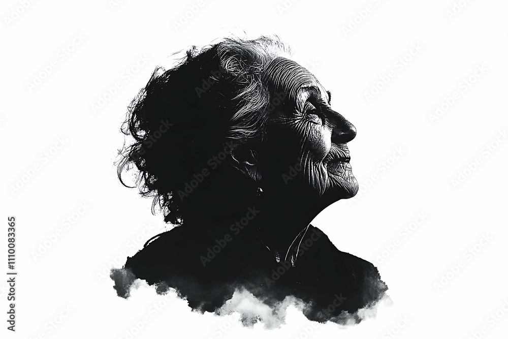 Black and white silhouette of an old woman's face, silhouette of a woman Black and white silhouette of an old woman's face, silhouette of a woman