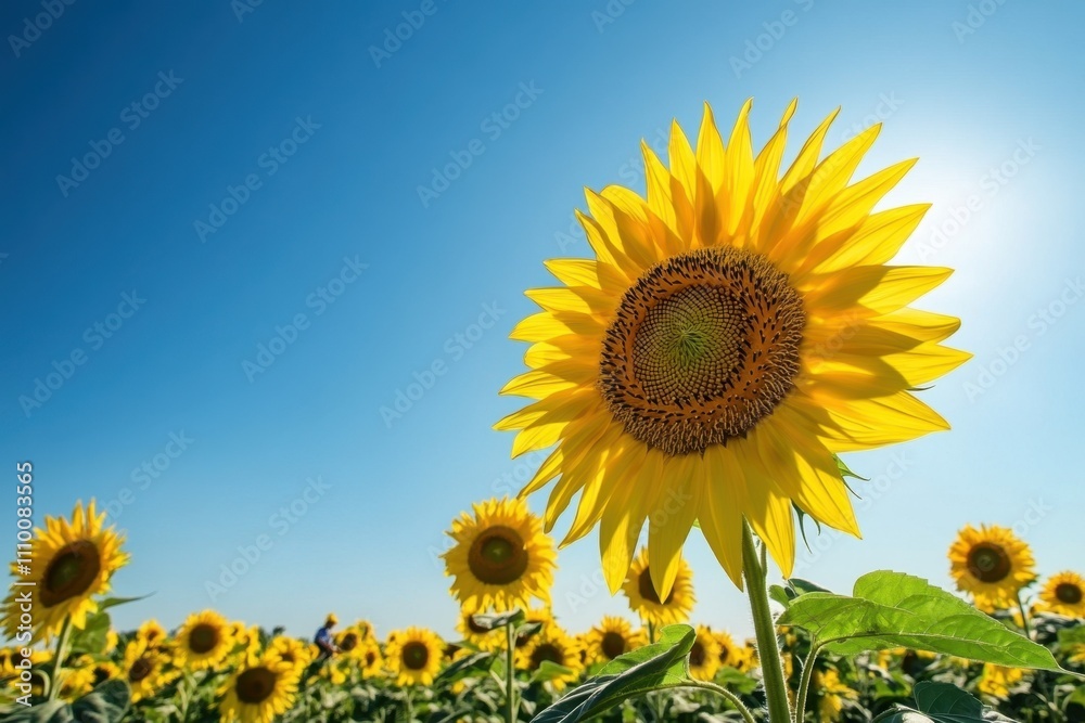 A field of sunflowers in full bloom, with workers harvesting seeds, under a clear blue sky, embodying the vibrant energy and abundance of the harvest season A field of sunflowers in full bloom, with workers harvesting seeds, under a clear blue sky, embodying the vibrant energy and abundance of the harvest season