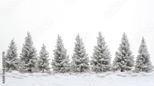 Majestic Snow-Covered Evergreen Trees Silhouetted Against a Soft White Background Capturing the Serene Beauty of Winter in a Peaceful Natural Landscape