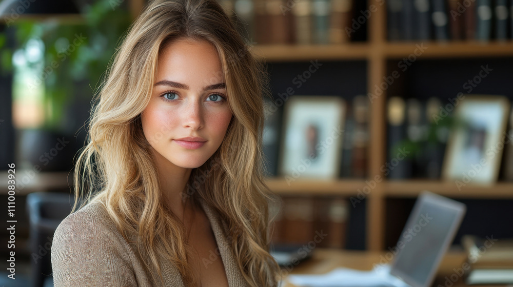 confident woman with long blonde hair sits in modern office, exuding professionalism and poise. background features bookshelves filled with books and framed photos, creating warm atmosphere confident woman with long blonde hair sits in modern office, exuding professionalism and poise. background features bookshelves filled with books and framed photos, creating warm atmosphere
