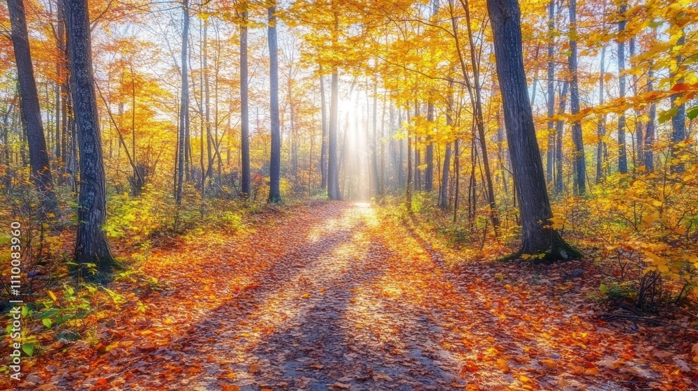 Obraz premium The road in the forest is covered with fallen autumn leaves, illuminated by the sun.