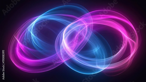 Abstract glowing pink and blue light swirls.