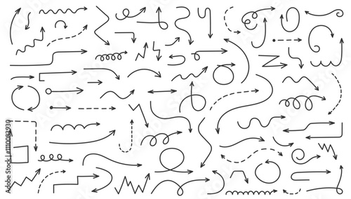 Hand drawn curved and dashed arrows collection, doodle elements, vector eps10 illustration