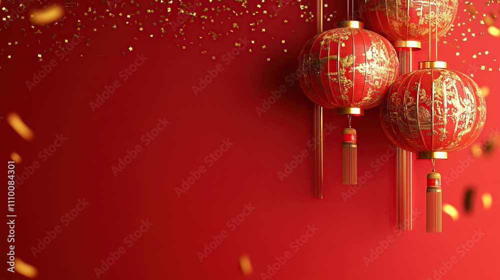 3D rendering of a Chinese New Year background with red lanterns and golden decorations on the left side of the frame 3D rendering of a Chinese New Year background with red lanterns and golden decorations on the left side of the frame