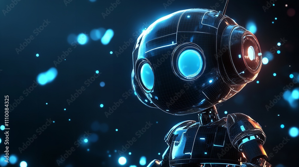 Abstract Digital AI Robot with Neon Eyes on Dark Blue Techno Abstract Digital AI Robot with Neon Eyes on Dark Blue Techno