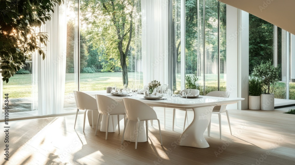 Minimalist dining area with white furniture, long glass windows overlooking a garden, and soft morning sunlight filling the space Minimalist dining area with white furniture, long glass windows overlooking a garden, and soft morning sunlight filling the space