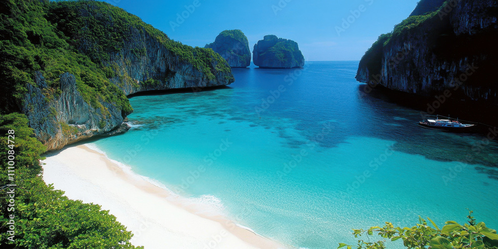 Fototapeta premium stunning view of Phi Phi Island featuring turquoise waters, white sandy beach, and lush green cliffs. This tropical paradise invites relaxation and adventure