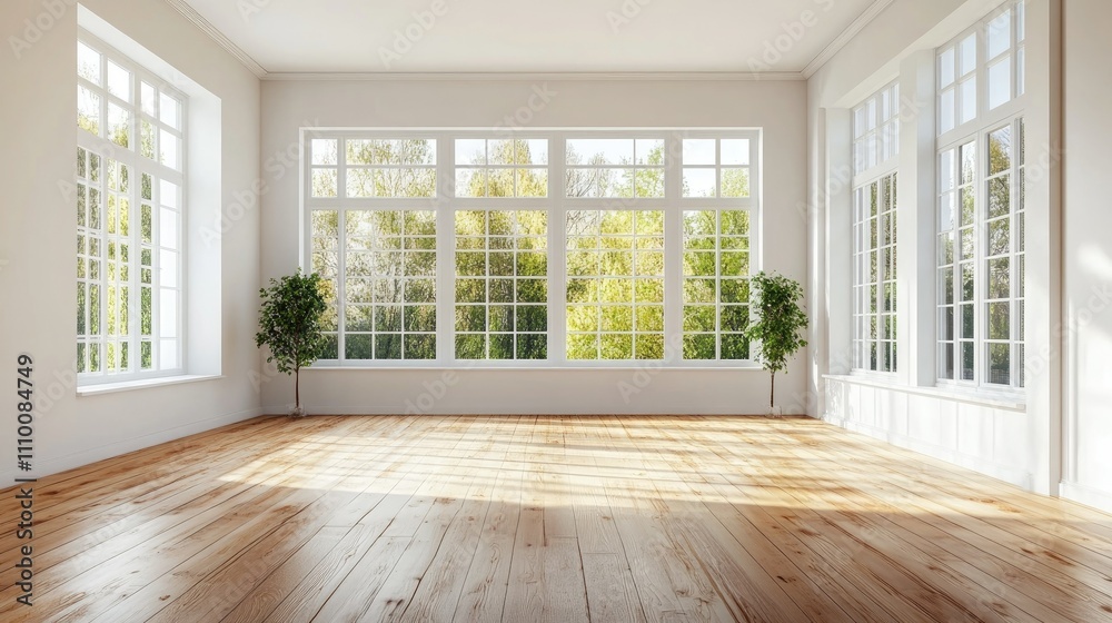 Fototapeta premium Open-plan living space in a minimalist home, featuring white walls, wooden floors, and long windows framing scenic outdoor views