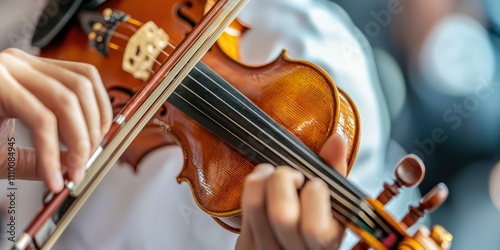 A close-up of a musicianâ€™s hands playing a specific instrument, such as a violin or saxophone. 