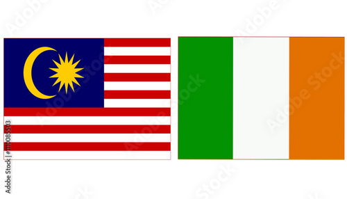 Photography Malaysia national flag with Ireland Official flag, both countries flags are in Horizontal shape and isolated on white background