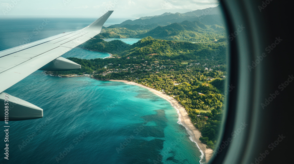 Fototapeta premium Aerial view of tropical beach with turquoise water and lush greenery. airplane wing frames stunning landscape, showcasing beauty of nature from above