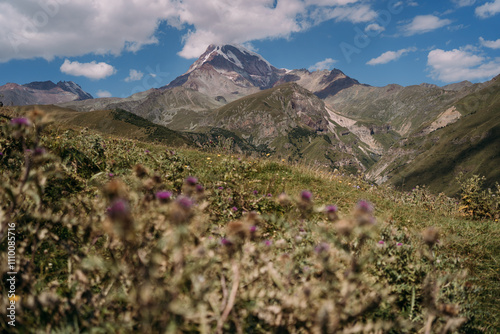 Mount Kazbek in Georgia. Mountain ranges of the North Caucasus. Space and freedom. Mountain meadows photo